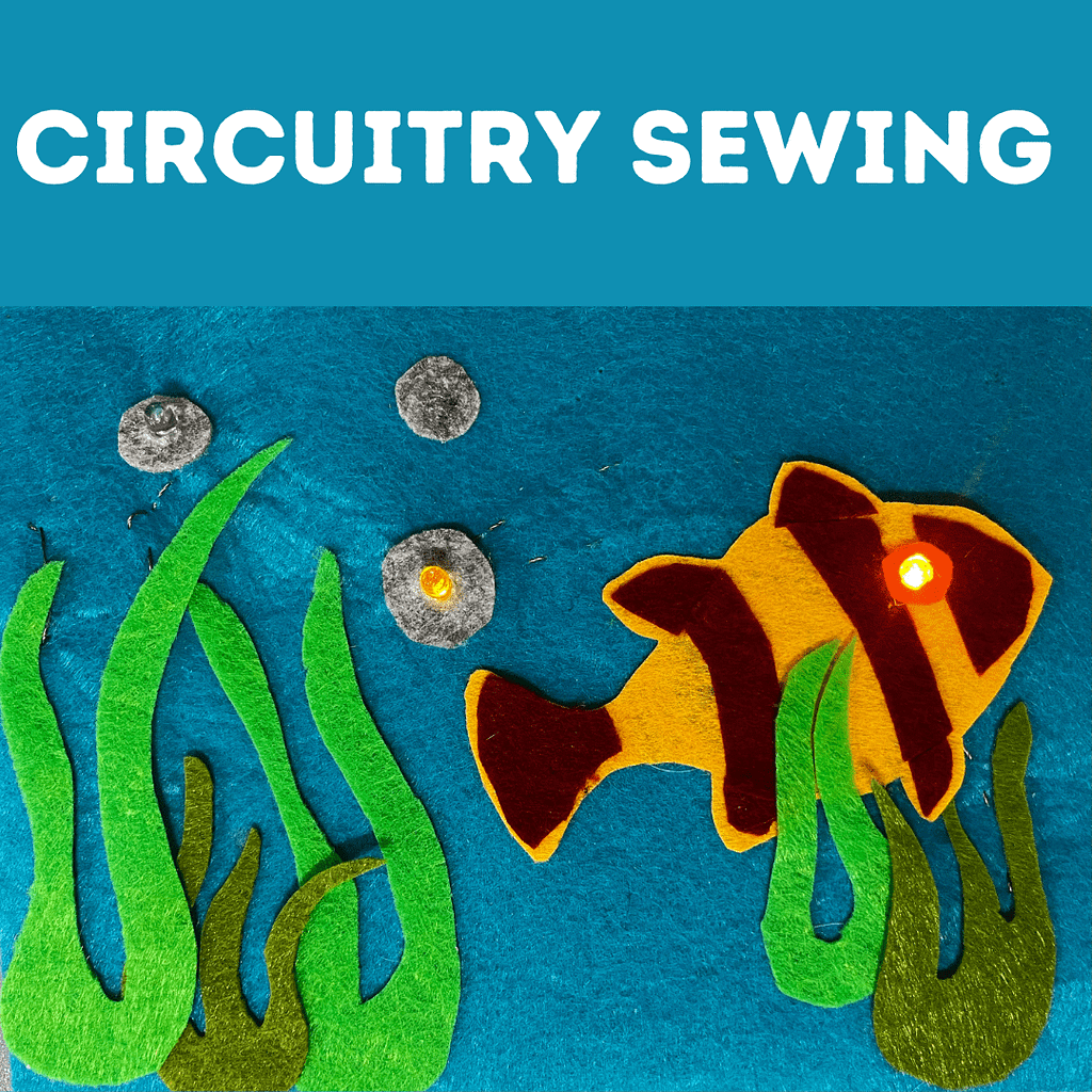 Circuitry Sewing logo with felt fish in ocean with glowing eye