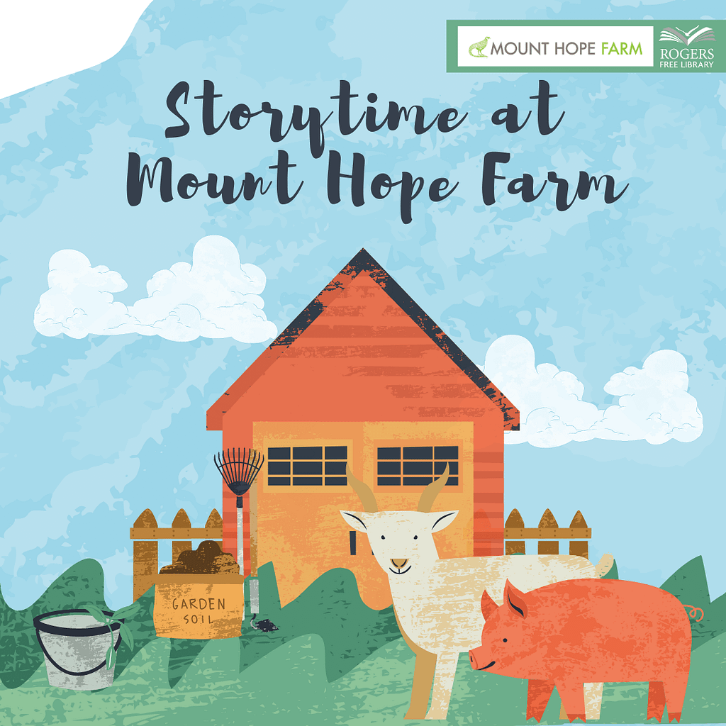 Mount Hope Farm Storytime text and photo of farm setting with sheep and pig and barn