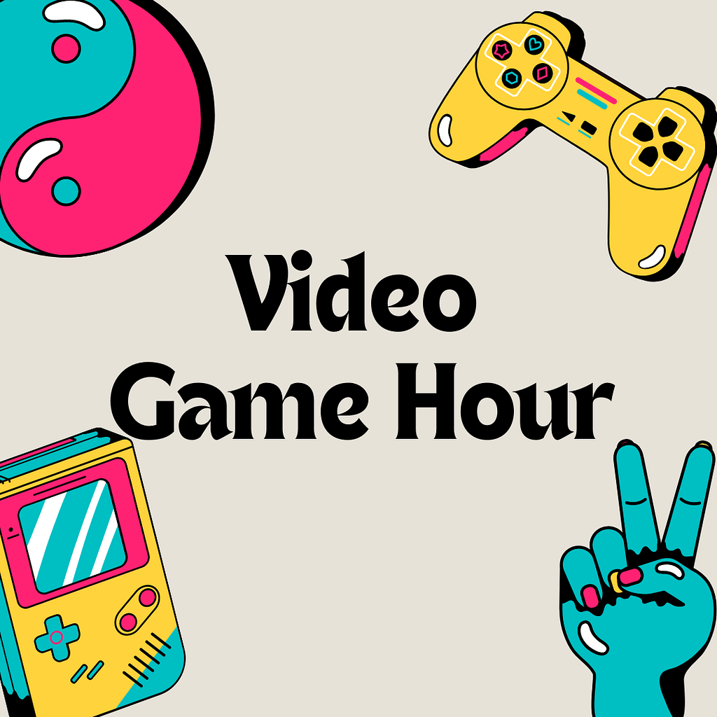 Video Game Hour logo with gameboy, controller, peace symbol, ying and yang symbol