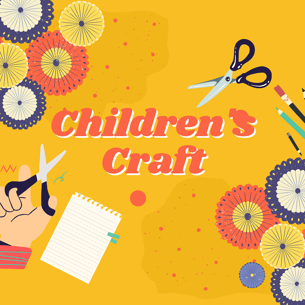 Children's craft logo with hand holding scissors, pencils scattered on image 