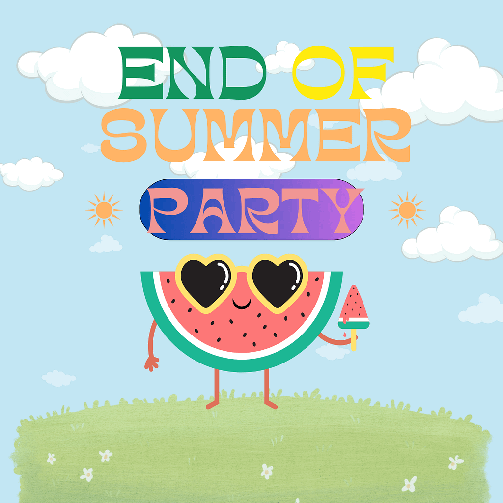 End of Summer Party with a smiling watermelon that has heart-shaped eyes standing on a field