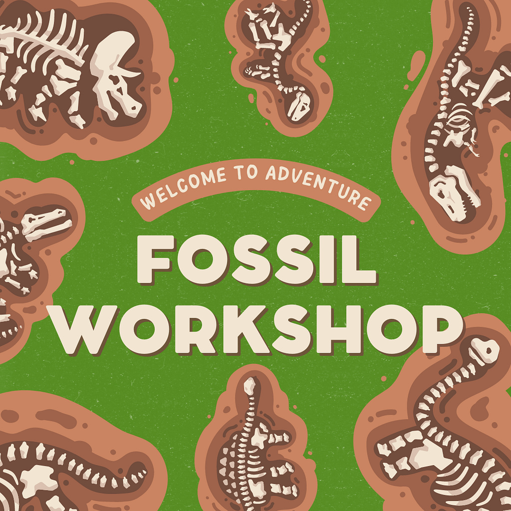 Fossil Workshop logo with green background, featuring examples of dinosaur fossils.