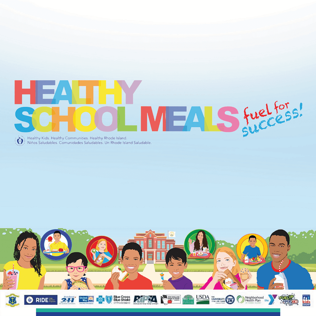 Health School Meals. Fuel For Success! Logo on a blue sky-esque background & kids eating in front of 
a school building. Logos for all participating organization on the bottom.