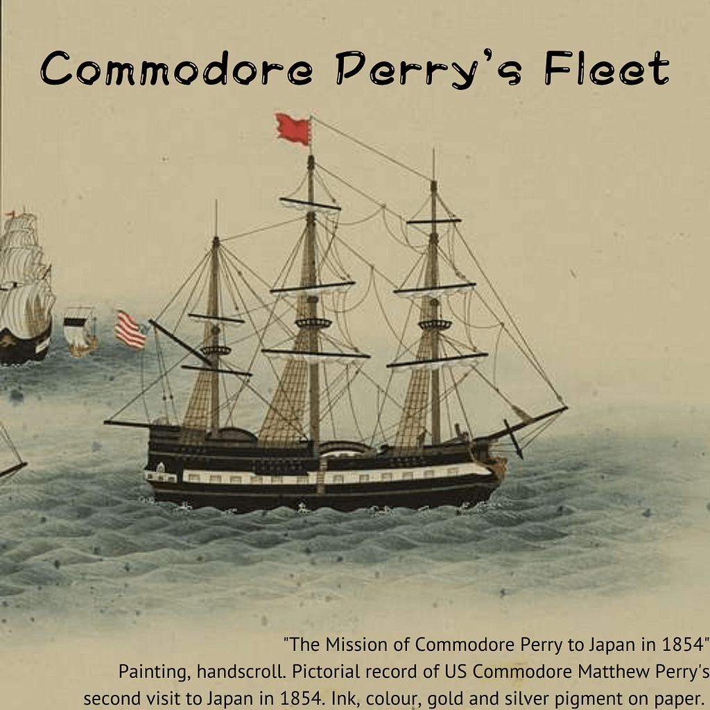 Commodore Perry's Fleet. Pictured is the handscroll painting called "The Mission of Commodore Perry to Japan in 1854". Pictorial record of US Commodore Matthew Perry's second visit to Japan in 1854. Ink, colour, gold and silver pigment on paper.