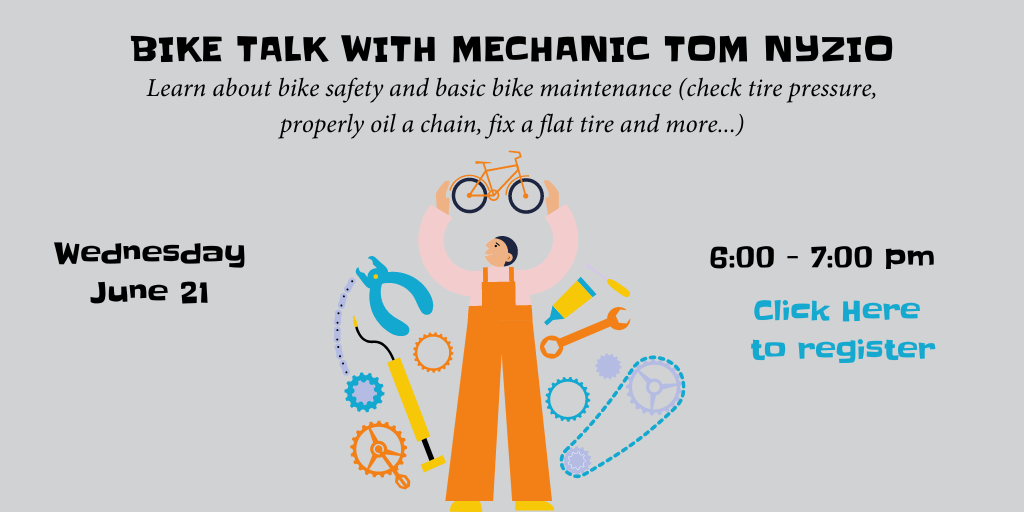 Image of mechanic surrounded by tools. Bike Talk with mechanic Tom Nyzio. Wednesday, June 21 at 6 pm. Learn about bike safety and basic bike maintenance.
