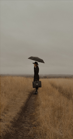 Image of a painting, a profile view of a woman standing in a field and holding an umbrella.