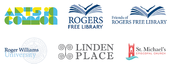 Logos of the Bristol BookFest Sponsors. From left to right: Arts in Common, , Rogers Free Library, Friends of Rogers Free Library, Roger Williams University, Linden Place, St. Michel's Episcopal Church.
