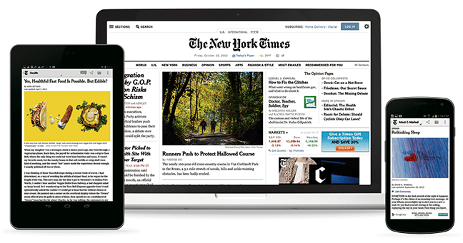Pictures of a tablet, laptop, and smartphone, all logged into The New York Times.