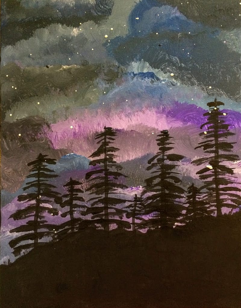 A night sky painting, pine trees against a moonlit sky - purples and blues, browns and grays.